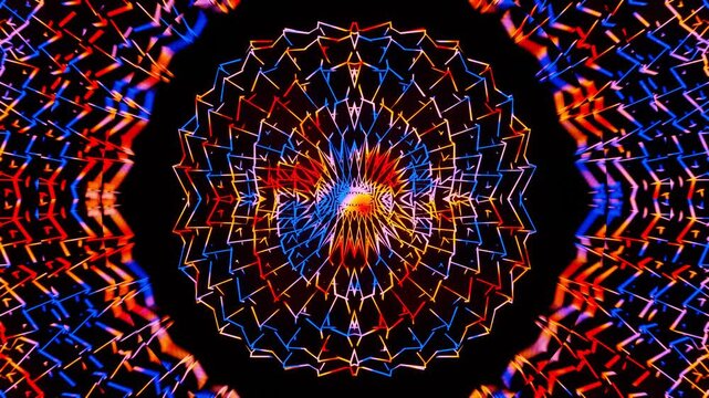 3D kaleidoscope effect with mirrored geometric patterns creating mesmerizing symmetry. Seamless loop for music festivals, DJ sets, nightclub visuals, meditation apps, and live performances. 4K quality