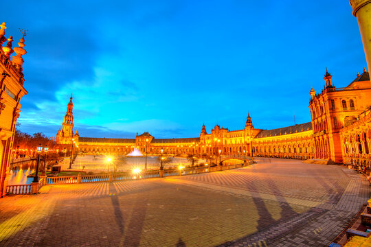 Spain Square at dusk, Seville, Andalucia, Spain