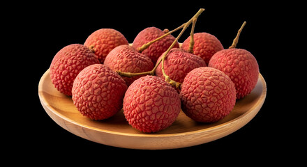 Ripe red lychee fruits clustered on a small wooden serving plate.