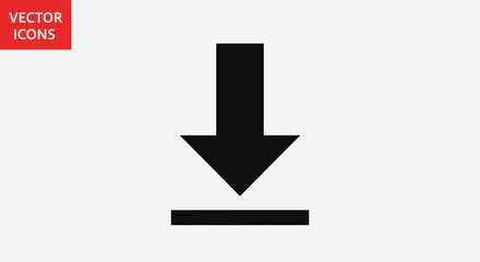 Fototapeta premium Minimalist black vector download icon with a downward arrow and a line, symbolizing data transfer, file acquisition, and content retrieval for digital interfaces