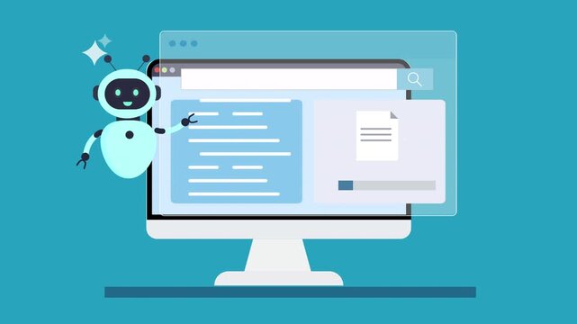 Animated artificial intelligence robot assistant presenting online learning material on a desktop computer screen, representing digital education technology and automated guidance.
