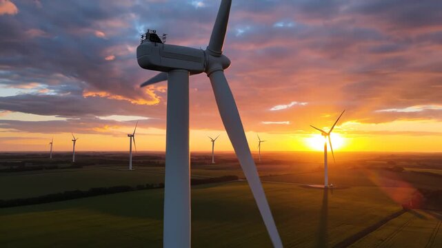 Wind turbines at sunset in a field