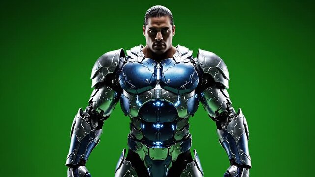 A powerful male robot stands confidently against a green background in a futuristic scene captured from a straight-on viewpoint