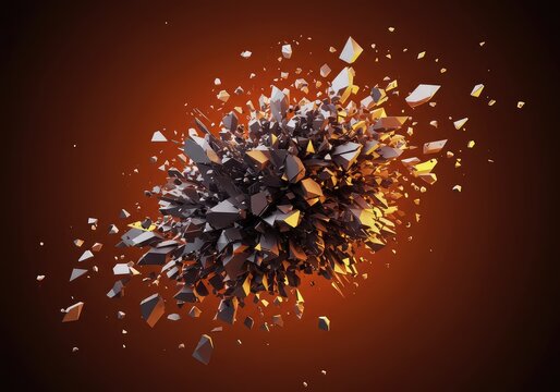 Geometric components are scattered across a complex conceptual background, representing instability, fragmentation, and chaotic systemic malfunction ,systemic ,random ,visualization