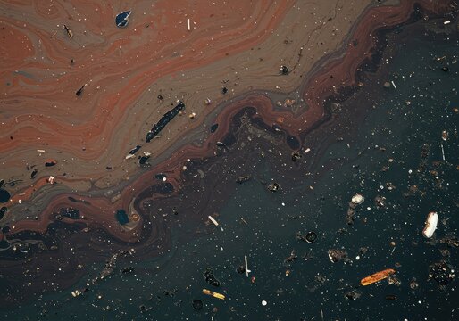 Highly polluted and stagnant water featuring an oily sheen and dark debris, representing serious ecological damage ,contamination ,debris ,drainage