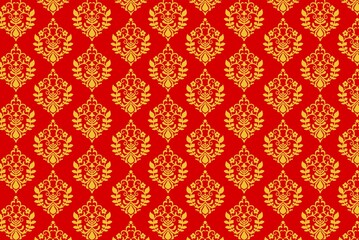Fototapeta premium Exquisite golden damask pattern on a vibrant red background, a timeless design of luxury and elegance