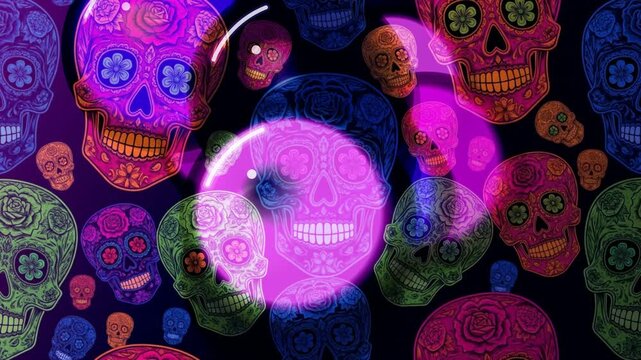 Vibrant skulls pattern with neon lights from a top view