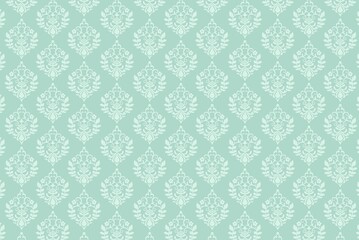 Fototapeta premium Ornate damask pattern on a light blue-green background, creating a sophisticated and elegant aesthetic for interior design or textiles