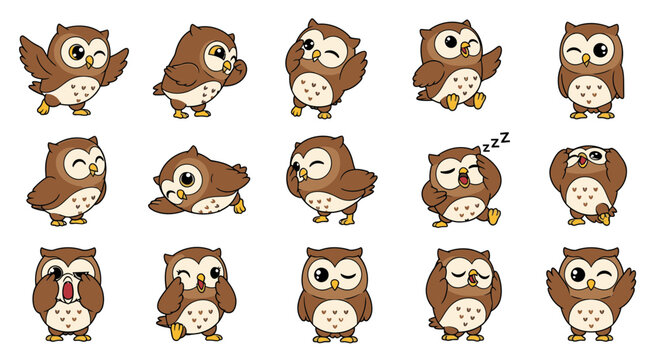 Cartoon owls showing various emotions and activities in a grid  