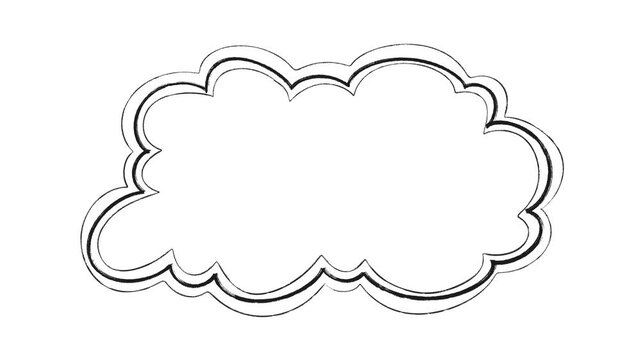 Hand drawn animated cloud frame, looped black outline speech bubble. Vibrating, shaky black outline. Seamless loop features a sketchy, artistic style. For social media, cartoons, explainer videos.