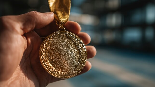 gold medal with number one for 1st place laurel wreath on festive background sport stadium with confetti, sport, competition, victory