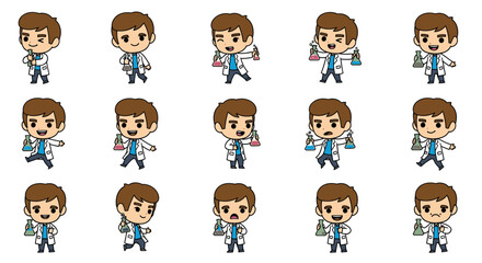 Obraz premium Cartoon scientist character with test tubes in multiple poses 