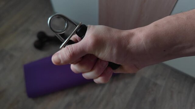 Close up of a man's hand repeatedly squeezing a hand gripper to strengthen his forearm and improve grip strength, an essential exercise for athletes and bodybuilders training at home