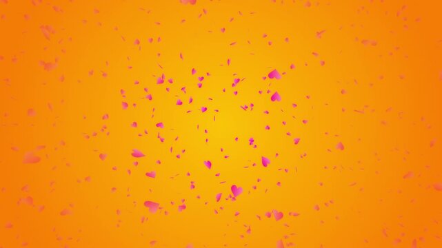 Pink heart shapes being lit up and falling down on orange gradient background. Abstract background for Happy Valentine's day and wedding ceremony.