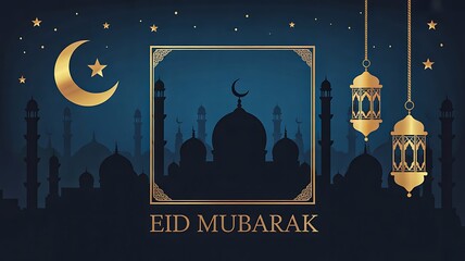 Eid mubarak greeting card with mosque silhouette crescent moon and hanging lanterns at night
