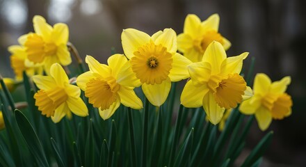 Obraz premium A vibrant cluster of bright daffodil blooms shining intensely yellow under soft spring sunlight, symbolizing renewal and warmth ,nature ,seasonal ,warm