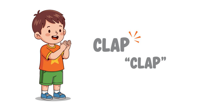 Cute cartoon boy clapping hands with sound effect in bright playful illustration for kids education and fun activities