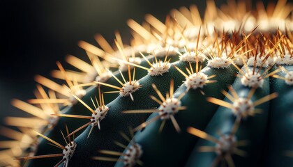 Close-up of sharp cactus spines with a muted green body