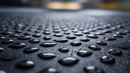 ro close up of clear water droplets arranged in a geometric grid on a dark textured surface with shallow depth of field