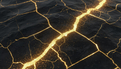 Abstract black surface crackles with radiant gold light in a modern design aesthetic.