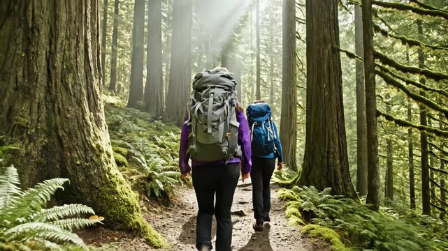 Hikers in a mossy forest trail