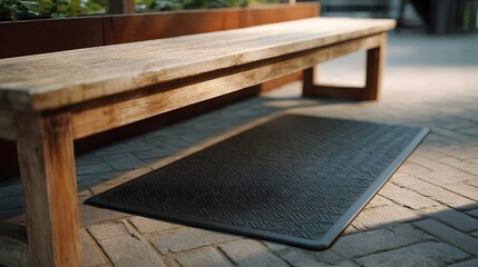 Fototapeta premium A dark textured mat lies on a paved surface beneath a weathered wooden bench in outdoor light