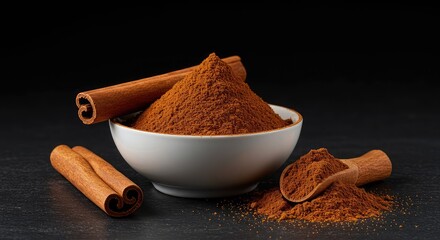 Aromatic cinnamon sticks and finely ground spice powder, essential ingredients for baking and seasonal flavor enhancement ,cooking ,aromatic ,closeup © Chanchai