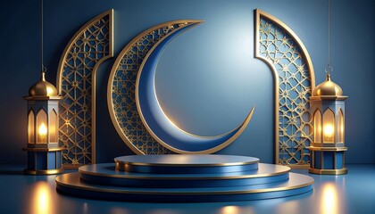 Islamic Ramadan crescent moon stage with lantern