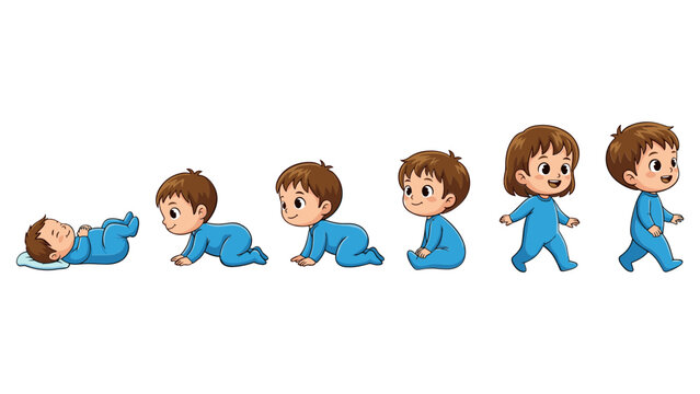 Baby growth stages development crawling walking cartoon illustration set isolated white background