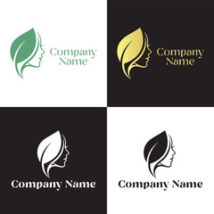 Organic Beauty Logo Template with Woman Profile and Leaf Element - Set of 4 Color Variations