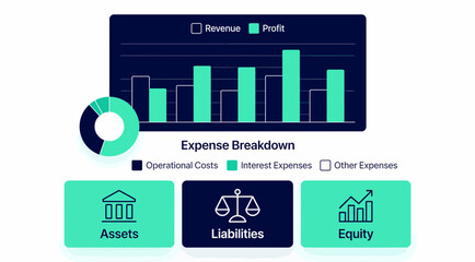 Obraz premium Financial Dashboard with Revenue Profit Expense Breakdown Assets Liabilities and Equity.