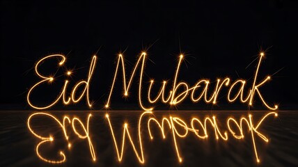 Glowing eid mubarak neon light text with reflection on dark background
