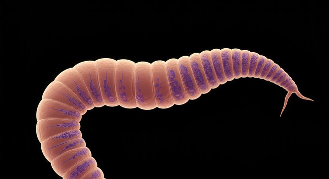 Detailed illustration or microscopic image showing the anatomy of a parasitic tapeworm, highlighting segments and internal structures of the organism ,agriculture ,organism ,veterinary