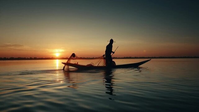 Silhouette scene of Fisherman on boat fishing with a fishnet. He use old traditional fishing equipment for fishing in The lake. Bang Phra Lake - Eastern of Thailand