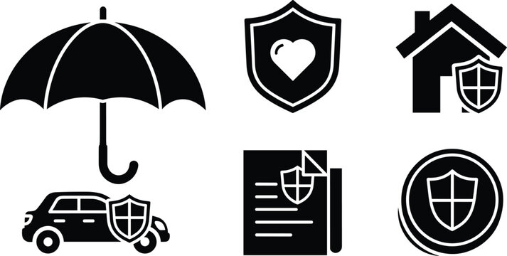 Black and white of protection and insurance symbols protection, insurance, shield, umbrella, heart, house, car, document, black and white, symbols, safety, security, protection insurance symbols, blac