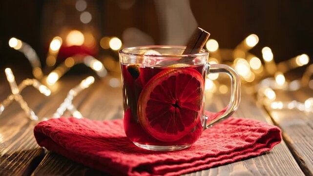Steaming glass mug of red mulled wine with citrus slices and cinnamon stick on red cloth.