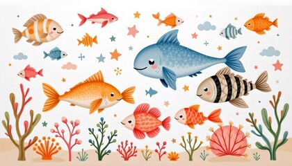 Fototapeta premium Cute Sea Animals Swimming Soft Pastel Watercolor Scene