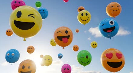 Vibrant emojis float in sunny sky with smiling faces and colorful balloons