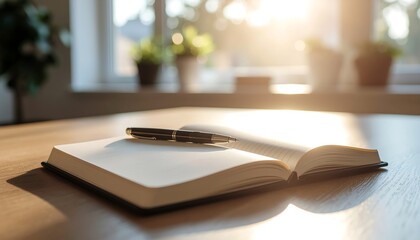Notebook and pen on a wooden desk bathed in golden sunlight