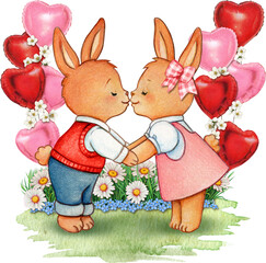Watercolor hand drawn valentine's day cute bunny character