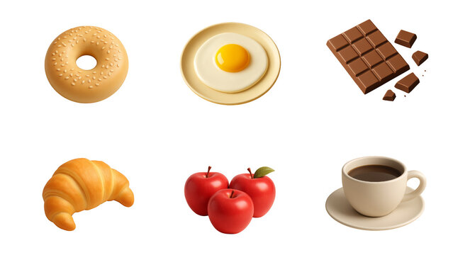 3D Breakfast and Bakery Icon Set &ndash; Bagel, Fried Egg, Chocolate Bar, Croissant, Apples and Coffee Cup Isolated