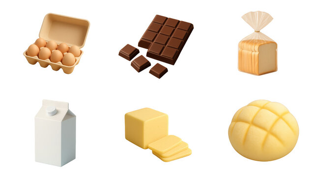 3D Breakfast Grocery Icon Set &ndash; Eggs, Chocolate Bar, Sliced Bread, Milk Carton, Butter and Sweet Bun Isolated