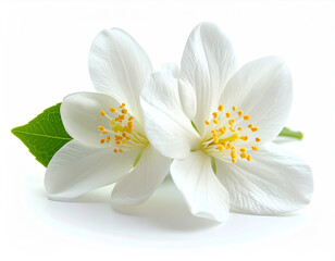 Obraz premium This stunning macro photograph features a fresh white jasmine flower with pure petals and a bright yellow center. Complemented by two vibrant green leaves, the soft lighting highlights its delicate te