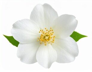 Fototapeta premium This stunning macro photograph features a fresh white jasmine flower with pure petals and a bright yellow center. Complemented by two vibrant green leaves, the soft lighting highlights its delicate te
