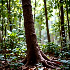 Sunlit Tropical Tree Trunks and Roots Forest Atmosphere
