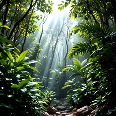 Serene Tropical Forest Interior with Soft Light and Calm Atmosphere