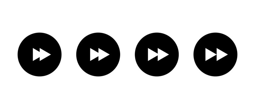 Fast forward media control icon set in black circle. Next track player button. Double arrow right navigation symbol