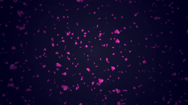 Pink heart shapes being lit up and falling down on dark blue background. Abstract background for Happy Valentine's day and wedding ceremony.