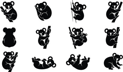 Koala silhouettes, cute marsupial, eucalyptus tree, animal collection, wildlife illustration, climbing poses, Australian fauna, cartoon koala set © Jisan World