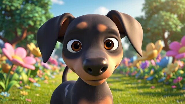 Close-up of cute cartoon dachshund puppy with eyes closed in a sunny flower field